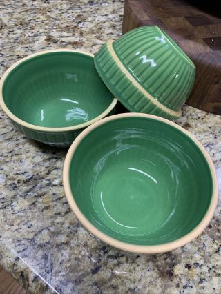 Set Of 3 Over And Back Yellow Ware Small Green Mixing Bowls 6”