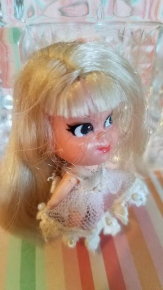 Vintage Mattel Liddle Kiddle Blonde Doll White Fishnet Dress 1960s 2 " Tall