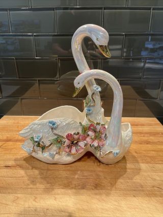Vintage Capodimonte Double Swan Centerpiece W/ Flowers Italy Planter