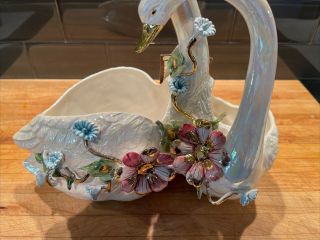 Vintage Capodimonte Double Swan Centerpiece w/ Flowers Italy Planter 2