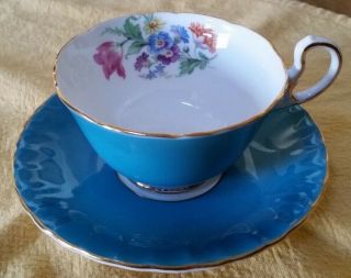 Vintage Aynsley Turquoise Blue W/ Gold Trim Tea Cup & Saucer Bone China England