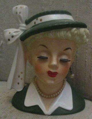 Vintage 1956 Napco Lady Head Vase Planter C2633b Lucy Lucille Ball Green Hat