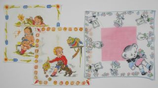 3 Vintage Children’s Handkerchiefs – Boy With Dog,  Girl With Doll,  Teddy Bears