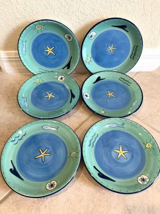 6 - Kic Brushes Hand Painted Blue Sea Life Ocean Waves Salad Plates,  Once