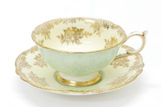 Paragon England By Appointment Green Gold Trim Floral Tea Cup Saucer China