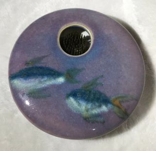 Handcrafted Pottery Ikebana Flower Arranger Vase Frog Dolphin Fish Purple Signed