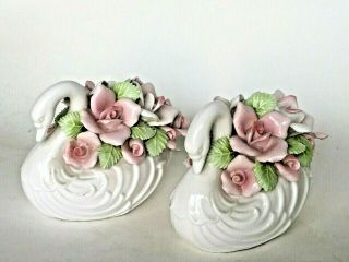 Capodimonte Set Of Two Swans Art Pottery Italy Ceramic Applied Flowers Porcelain