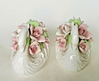 Capodimonte Set Of Two Swans Art Pottery Italy Ceramic Applied Flowers Porcelain 2