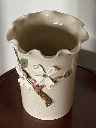 Rare Otis Norris Crystal Sullivan Signed Pottery Dogwood Blossoms Ruffle Vase