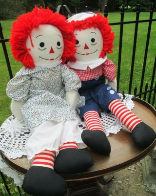 Vintage Handmade Raggedy Ann And Andy Dolls I Love You Embroidered 26 " Large Sz