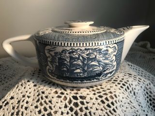 Vintage Blue & White Currier And Ives Clipper Ship Teapot W/ Lid,  Scrolled Spout