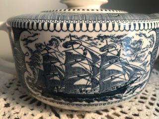 Vintage Blue & White Currier and Ives Clipper Ship Teapot w/ Lid,  Scrolled Spout 2