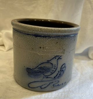 Vtg 1982 Rowe Pottery Stoneware Salt Glaze Cobalt Blue 5.  25” Crock 2