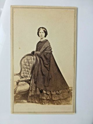 Cdv Cabinet Photo Civil War Era Pretty Lady Cape Like Shawl Over Ruffled Dress