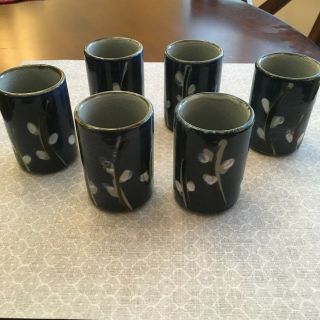 Otagiri Stoneware Pottery Cobalt Blue Pussywillow Juice Tumblers W/ Stickers,  6