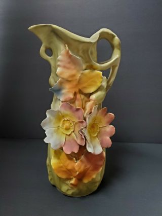Royal Dux Amphora Pottery Vase Applied Flowers & Leaves Austrian