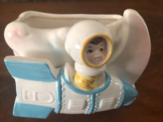 Rare C.  1961 Inarco Blue Baby Astronaut Rocket Planter - Spaceship Moon Yellow