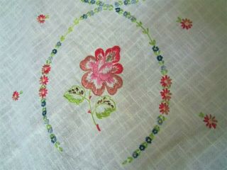 Vintage 33 " Crash Linen Tablecloth Hand Embroidered Tiny Pink Flowers Hemstitch