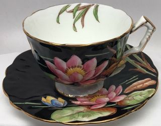 Vintage Aynsley Water Lily Cup & Saucer Black Pink Gold Bone China England