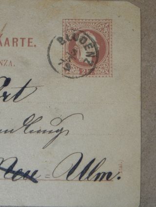 Austria (ital. ) Postal Card Bludenz To - Ulm 2 Kreuzer 1879 Jcstg W23