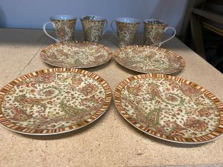 Set Of 8 222 Fifth Maharana Plates,  Coffee Mugs Green And Red Paisley Porcelain