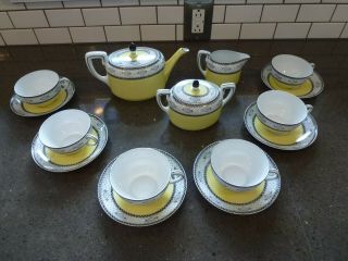 Vintage Nippon Art Deco Tea Set Yellow White Black Teapot Set For 6
