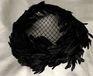 Vintage Black Faux Velour Feather Hat Net Top Flapper Style