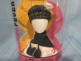 2004 Barbie Fashion Fever hat scarf and purse NIB black knit scarf silver hat 2