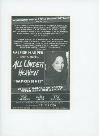 Signed Valerie Harper Personal Note,  All Under Heaven Ad Autograph Off Broadway