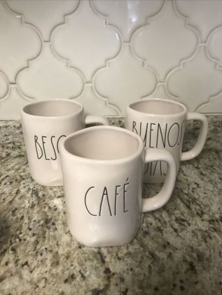 Rae Dunn Spanish Mugs " Buenos Dias,  Besos & CafÉ " Coffee Tea Mugs