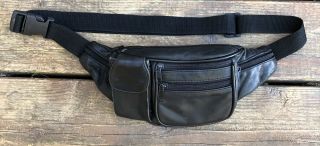 Vtg Black Leather Fanny Pack Belt Bag