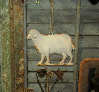 Primitive Antique Vtg Style Farm Sheep Lamb Ram Embossed Hanging Metal Tin Sign