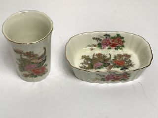 Vintage Japanese Porcelain Pink Roses/peacocks Soap Dish Tumbler Cup