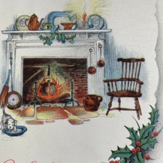 Vintage Mid Century Christmas Greeting Card Roaring Fire Mantel Kettle Puppy
