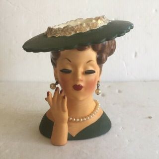 Vintage 1958 Lady Head Vase Napco C3343c Dark Green Dress & Hat. ,  Jewelry