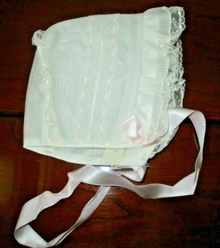 Nwt Vintage White And Pink Organdy W/ Pink Ribbon Baby Bonnet