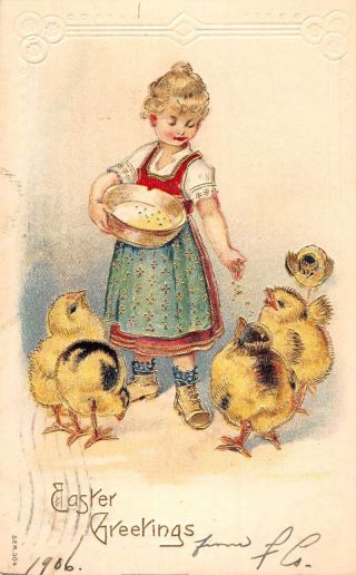 Easter Greetings Dutch Girl With Chicks Antique Postcard K38834