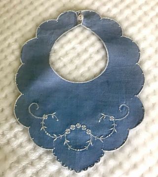 Vintage 1940’s Blue Baby Bib W/ White Embroidered Flowers W/ Button Closure