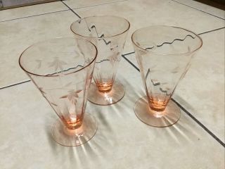 Vintage Etched Pink Depression Glass,  Set Of 3 Footed Water/beverage Glasses