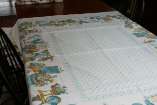 Vintage Cotton Tablecloth Chickens And Kitchen 52x64