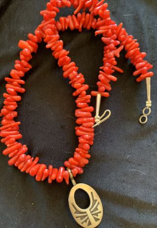 Vintage Red Coral Necklace Pendant 925 Sterling Silver 925 Southwestern