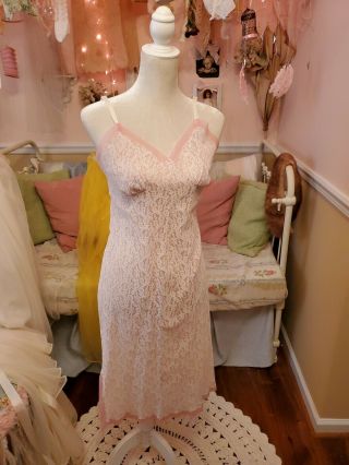 Vintage White And Pink Lace And Chiffon Slip Style Nightgown