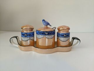 Vintage Noritake Art Deco Condiment Set - Salt & Pepper Shakers,  Mustard Jar