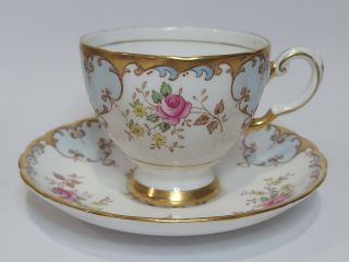 Vtg Tuscan Bone China Pink Roses Blue Gold Trim Porcelain Cup Saucer Set England