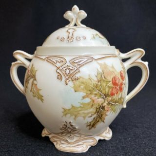 Antique Ohme Silesia Old Ivory Xxii Porcelain Sugar Bowl With Lid Germany Holly