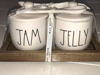 Rae Dunn Jam & Jelly Set With Lids And Spoons On Wood Tray