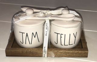 Rae Dunn JAM & JELLY Set with lids and spoons on wood tray 2