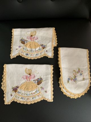3 Vtg Hand Embroidered Crinoline Lady Thread Crocheted Edge Table Linens