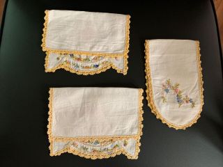 3 Vtg Hand Embroidered Crinoline Lady Thread Crocheted Edge Table Linens 2