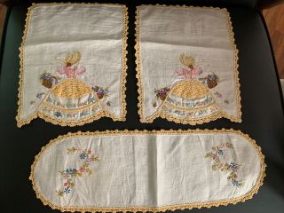 3 Vtg Hand Embroidered Crinoline Lady Thread Crocheted Edge Table Linens 3